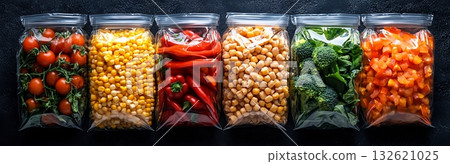 Six bags of frozen vegetables, including tomatoes, corn, peppers, chickpeas, broccoli, and diced peppers, are ready for freezer storage Six bags of frozen vegetables, including tomatoes, corn, peppers, chickpeas, broccoli, and diced peppers, are ready for freezer storage 132621025