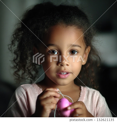 A cute dark-haired girl with brown eyes holds a small pink toy, her expression is sweet and curious 132621135