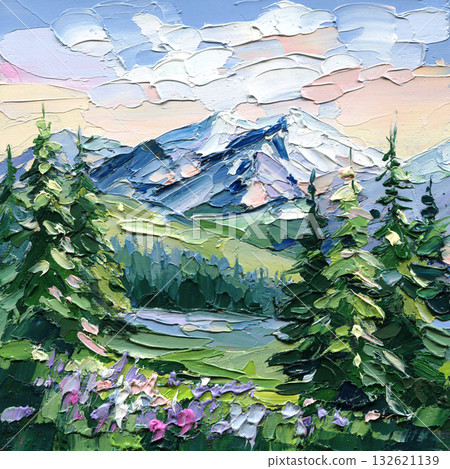 Mountain Landscape with Pine Trees, Textured Impasto Oil Painting on canvas in Green and Blue Tones, postcard 132621139