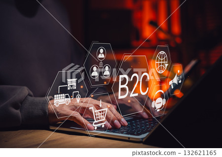 B2C marketing and e-commerce concept. Business to consumer, businessman using laptop, icons for online shopping, digital marketing, consumer analytics, delivery service, customer engagement strategy, 132621165