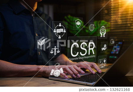 Corporate social responsibility (CSR) concept. Person using laptop with CSR icons representing ethical business practices, sustainability, community engagement, environmental, and social equity. ESG, Corporate social responsibility (CSR) concept. Person using laptop with CSR icons representing ethical business practices, sustainability, community engagement, environmental, and social equity. ESG, 132621168