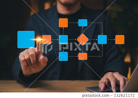 Workflow automation and business process mapping concept. Businessman touching flowchart interface, representing workflow automated, process planning, business flow, system optimization, 132621172