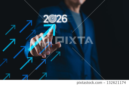 Businessman pointing at 2026 with upward arrows symbolizing growth, goal achievement, and strategic planning for future success. Perfect for business forecast or corporate vision concepts. new year, Businessman pointing at 2026 with upward arrows symbolizing growth, goal achievement, and strategic planning for future success. Perfect for business forecast or corporate vision concepts. new year, 132621174