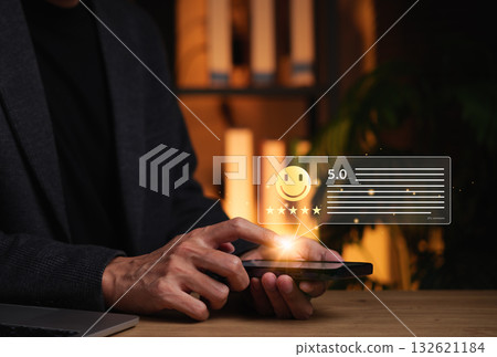 Customer satisfaction survey with five star rating and feedback. Person selecting five-star rating and happy face icon, satisfaction, positive user experience, quality feedback, service evaluation, 132621184
