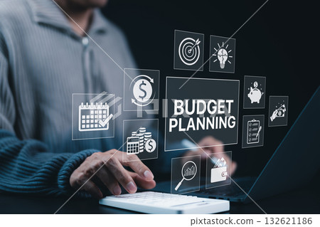 Financial Budget Planning Concept. Finance icons including calendar, calculator, piggy bank, dollar symbol, strategy, expense, revenue, profit, accounting, savings and data analysis working on laptop. 132621186