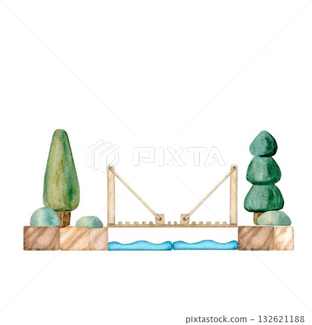 a wooden children's construction set featuring a bridge with a river, road, and trees, hand-drawn in watercolor, for creating landscapes, designing postcards, banners, invitations, and packaging. 132621188
