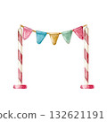 Colorful flags on poles, hand-drawn in watercolor on an isolated white background, are suitable for creating compositions, decorating postcards, invitations, and organizing holidays and contests. 132621191