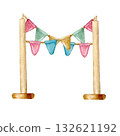 Colorful flags on poles, hand-drawn in watercolor on an isolated white background, are suitable for creating compositions, decorating postcards, invitations, and organizing holidays and contests. 132621192
