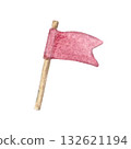 pink flag, hand-drawn in watercolor on an isolated white background, are suitable for creating compositions, decorating postcards, invitations, organizing holidays, competitions, gift packaging. 132621194