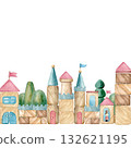 Assembled from wooden blocks and hand-painted in watercolor on an isolated white background, the festive castle is suitable for creating compositions, decorating cards, invitations and gift wrapping. 132621195
