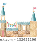 Assembled from wooden blocks and hand-painted in watercolor on an isolated white background, the festive castle is suitable for creating compositions, decorating cards, invitations and gift wrapping. 132621196