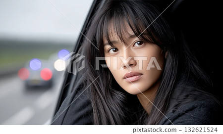 Young asian woman gazes thoughtfully from a vehicle while traveling on a highway 132621524