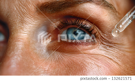 Close up of a beautician applying a rejuvenating serum to the eye area of a mature woman using a pipette, focusing on skincare, anti aging, and beauty treatments for mature skin Close up of a beautician applying a rejuvenating serum to the eye area of a mature woman using a pipette, focusing on skincare, anti aging, and beauty treatments for mature skin 132621571