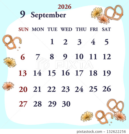 2026年9月曆從星期日開始。 132622256