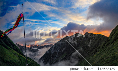 View of Yokoo Valley before dawn from Karasawa Cirque in the Northern Alps in autumn 132622429
