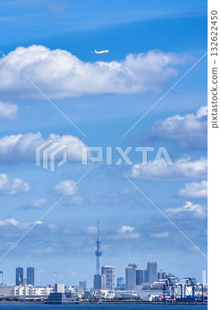 Scenery of Haneda Airport, plane taking off and Tokyo Skytree, Ota Ward, Tokyo Scenery of Haneda Airport, plane taking off and Tokyo Skytree, Ota Ward, Tokyo 132622450