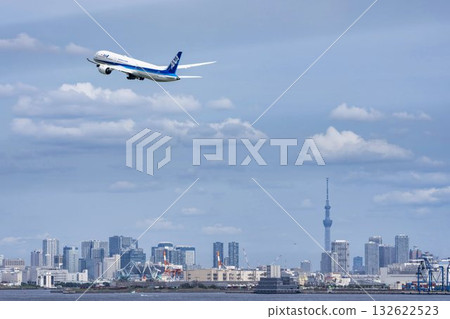 Scenery of Haneda Airport, plane taking off and Tokyo Skytree, Ota Ward, Tokyo Scenery of Haneda Airport, plane taking off and Tokyo Skytree, Ota Ward, Tokyo 132622523