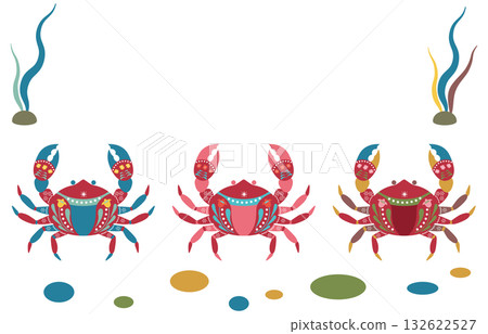 一套可愛的裝飾螃蟹插圖，帶有斯堪的納維亞風格的裝飾圖案。 132622527