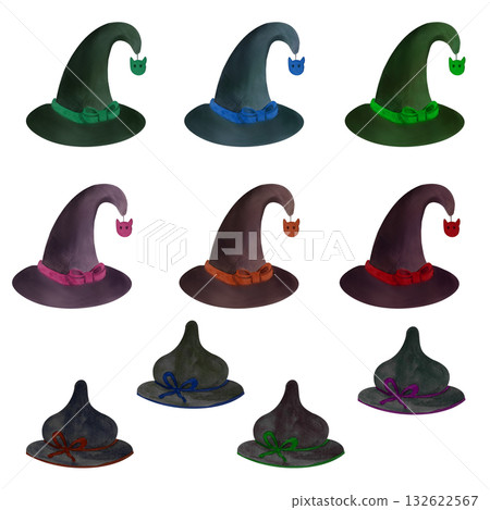 A set of various styles of witch hats. The illustrations are done in a watercolor style. These are perfect for seasonal merchandise, themed party invitations, fall menus, and website designs. 132622567