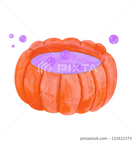 A magical pumpkin witch's cauldron with a bright, playful, and bubbly potion. The illustration is done in a watercolor style. This illustration is perfect for seasonal merchandise, themed party invita A magical pumpkin witch's cauldron with a bright, playful, and bubbly potion. The illustration is done in a watercolor style. This illustration is perfect for seasonal merchandise, themed party invita 132622573