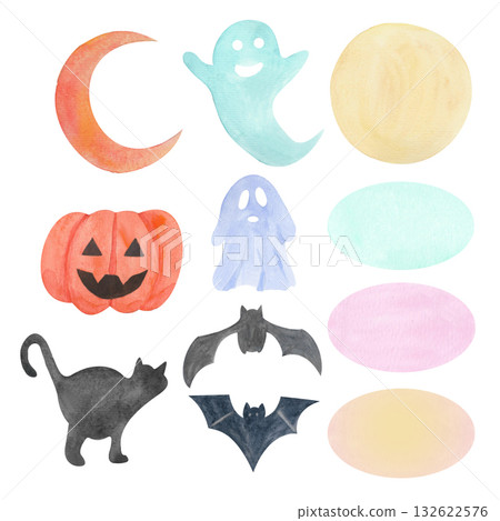 A set of bright, vibrant decorative elements. Isolated images that can be combined as desired, executed in a watercolor style. Perfect for website design, themed menus, or cards for Halloween, Christm 132622576