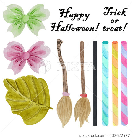 A set of bright, vibrant decorative elements. Isolated images that can be combined as desired, executed in a watercolor style. Perfect for website design, themed menus, or cards for Halloween, Christ A set of bright, vibrant decorative elements. Isolated images that can be combined as desired, executed in a watercolor style. Perfect for website design, themed menus, or cards for Halloween, Christ 132622577