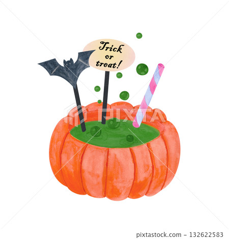 A composition featuring a magical pumpkin witch's cauldron, a brightly colored magical potion with cheerful bubbles, a cocktail straw, and themed drink garnishes. The illustration is done in a waterco A composition featuring a magical pumpkin witch's cauldron, a brightly colored magical potion with cheerful bubbles, a cocktail straw, and themed drink garnishes. The illustration is done in a waterco 132622583