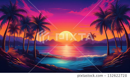 Sunset tropical beach and silhouette of palm trees 132622728