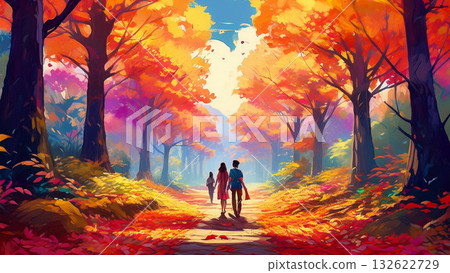 People strolling through a forest of autumn leaves 132622729