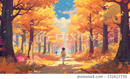 People strolling through a forest of autumn leaves 132622730