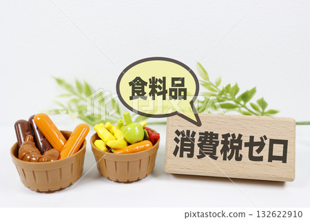 Image and food basket showing the zero consumption tax policy on groceries. Image and food basket showing the zero consumption tax policy on groceries. 132622910