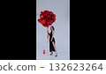 Fashion model wearing black long dress, holding red heart balloons, standing near small gift box in studio setting 132623264