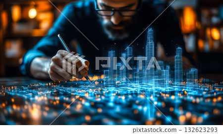 An architect brings architectural designs to life with 3D holographic construction models. Generative AI. 132623293