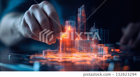 An architect brings architectural designs to life with 3D holographic construction models. Generative AI. An architect brings architectural designs to life with 3D holographic construction models. Generative AI. 132623294