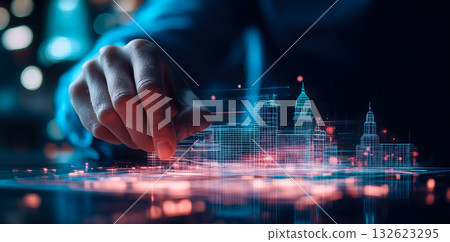 An architect brings architectural designs to life with 3D holographic construction models. Generative AI. An architect brings architectural designs to life with 3D holographic construction models. Generative AI. 132623295