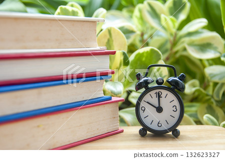 Close up of stacked books with nature background symbolizing learning with customizable space for text or ideas. Close up of stacked books with nature background symbolizing learning with customizable space for text or ideas. 132623327