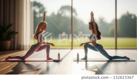 Two beautiful and flexible fashion dolls are practicing yoga together in a bright, sun-drenched fitness studio 132623367