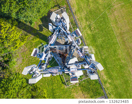 Aerial view looking down into the top section of a Cellular Tower 132623485