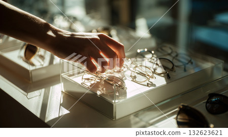 Hand choosing new eyewear frames from a retail display, selecting trendy glasses in an optical shop 132623621