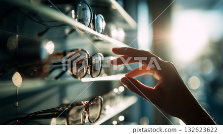 Woman's hand touching eyeglasses on a lighted display shelf, representing shopping, choice, and vision care 132623622