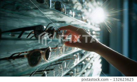 Hand selecting sunglasses on a retail display shelf, choosing eyewear in an optical store, vision and fashion concepts 132623625