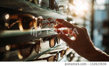 Hand selecting eyeglasses from a retail display shelf in an optical store, highlighting vision and style choices 132623636