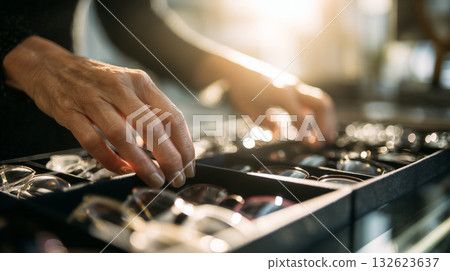 Female hands arranging eyeglasses in a retail store display case, showcasing professionalism and attention to detail 132623637
