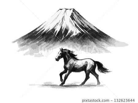 馬與富士山剪影新年賀卡素材 132623644