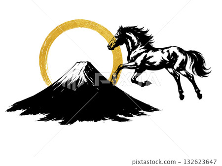 馬與富士山剪影新年賀卡素材 132623647