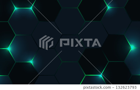 Dark hexagon abstract technology background with green colored bright flashes Dark hexagon abstract technology background with green colored bright flashes 132623793