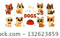 Cute cartoon dogs collection, funny puppy characters set with bones, food bowl and playful pets, adorable dog illustration for kids design, posters, stickers, and pet shop branding 132623859