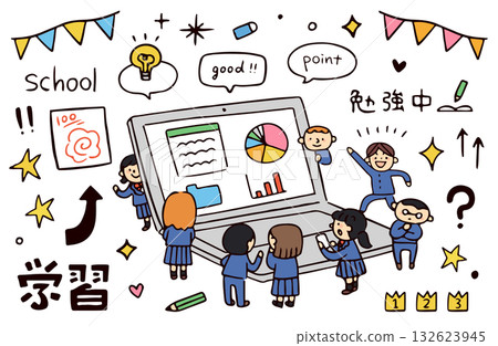 學生使用電腦的插圖 學生使用電腦的插圖 132623945
