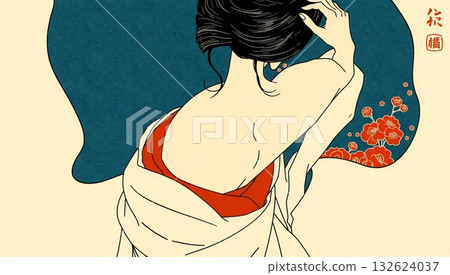 Sexy woman in a kimono / Modern Ukiyo-e / Hidden Beauty 132624037