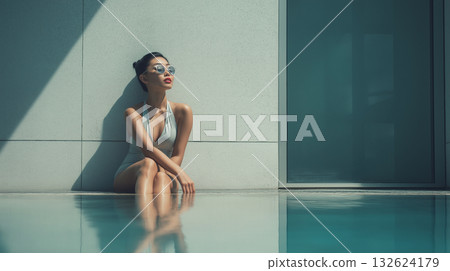 Japanese woman by the pool / Minimal hotel background, cleanliness, copy space 132624179
